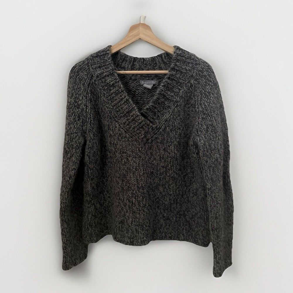 Eagles Eye Chunky Black Grey V-Neck Sweater Wool Alpaca Blend Layer Cabin Large